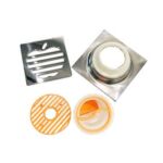 Saliran lantai keluli tahan karat persegi dengan elemen penapis di dapur bilik mandi baru