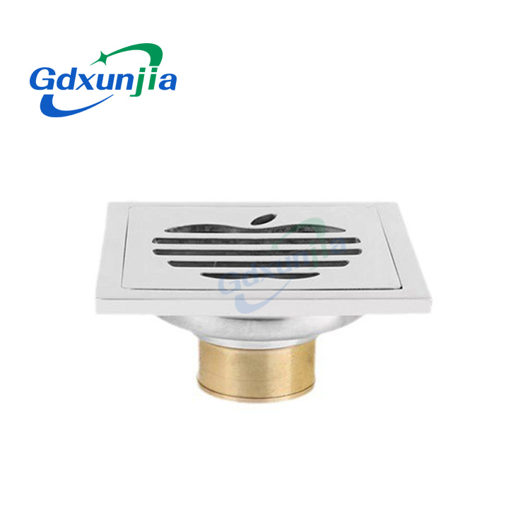 Square 6mm Thick 4 Inch 201 Stainless Steel Apple Pattern Bathroom Shower Floor Drain with Copper Odor Proof Self Seal Core